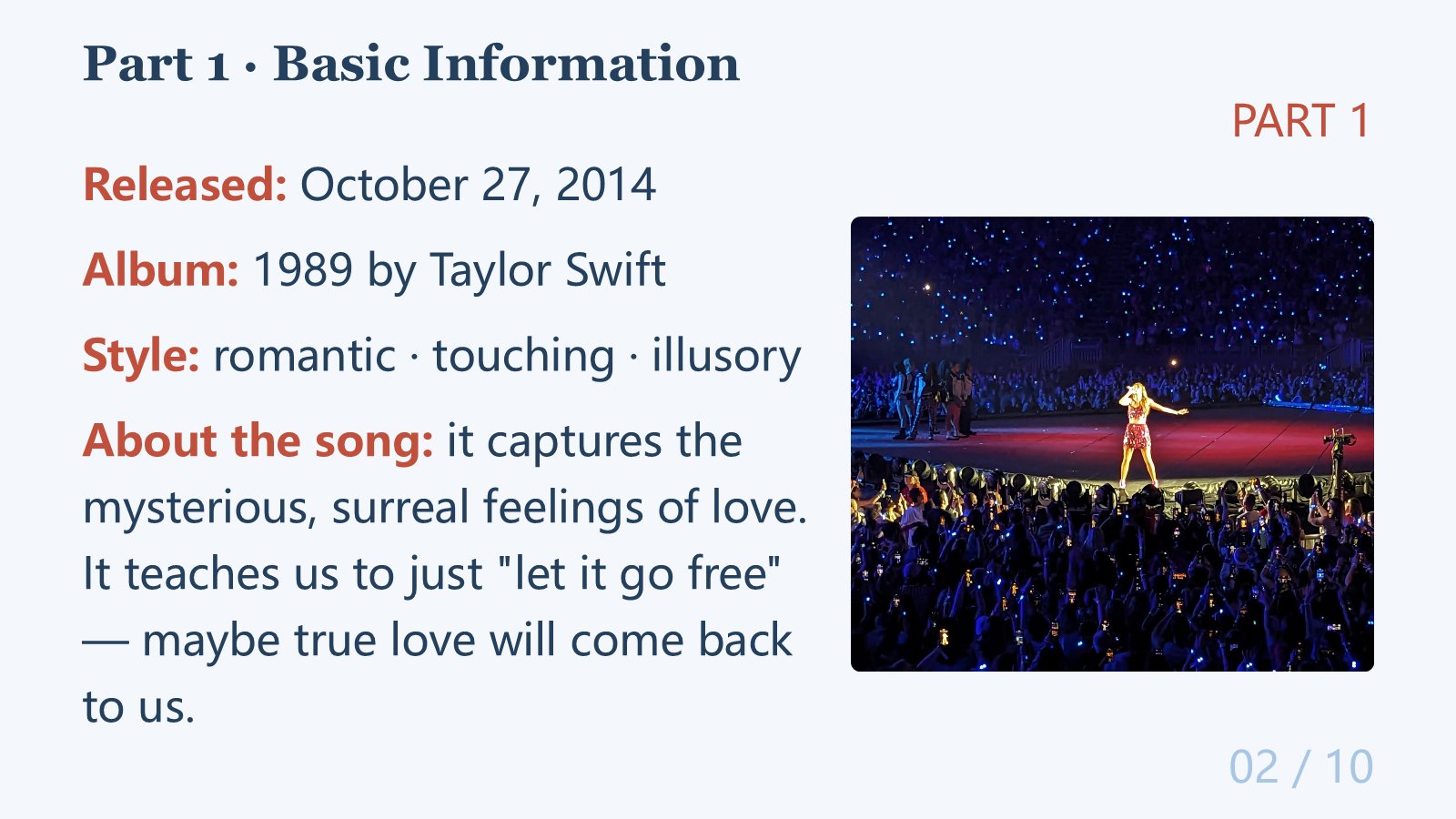 英语课发言的成品页面之一:Part 1 Basic Information,配 The Eras Tour 现场照